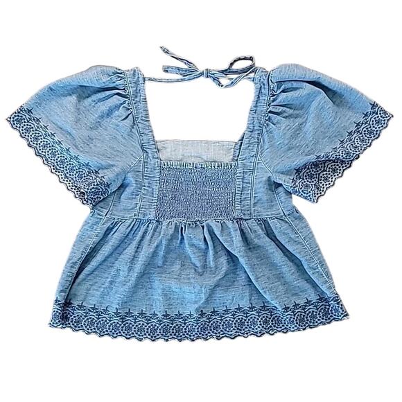 Boho Embroidered Chambray Denim Tunic Top Women’s S 100% Cotton Peasant Blouse - Picture 3 of 7